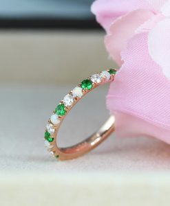 Opal Diamond Emerald Thin Pave Eternity Ring, Multicolor White Gold Band - Image 5
