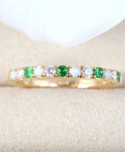 Opal Diamond Emerald Thin Pave Eternity Ring, Multicolor White Gold Band - Image 8