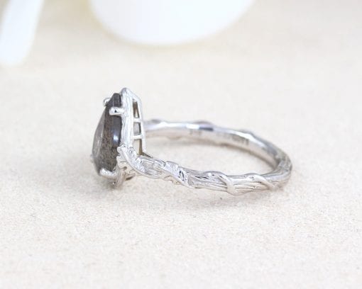 Pear Labradorite Engagement Ring, Leaves Labradorite Solitaire Gemstone Ring