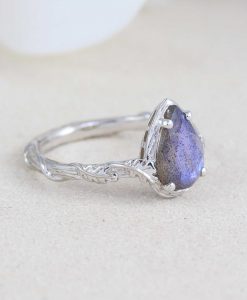 Pear Labradorite Engagement Ring, Leaves Labradorite Solitaire Gemstone Ring - Image 5