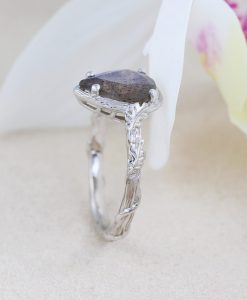 Pear Labradorite Engagement Ring, Leaves Labradorite Solitaire Gemstone Ring - Image 6