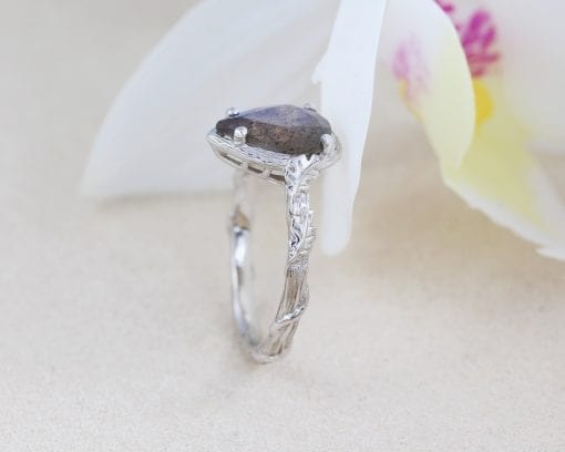 Pear Labradorite Engagement Ring, Leaves Labradorite Solitaire Gemstone Ring