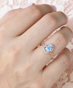 Pear Moonstone Engagement Ring, Rainbow Moonstone Vintage Rose Gold Engagement Ring With Diamond Halo - Image 2