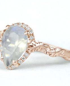Pear Moonstone Engagement Ring, Rainbow Moonstone Vintage Rose Gold Engagement Ring With Diamond Halo - Image 3