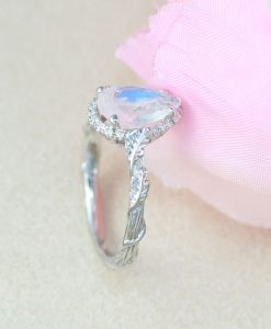 Pear Moonstone Engagement Ring, Rainbow Moonstone Vintage Rose Gold Engagement Ring With Diamond Halo - Image 4