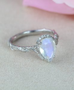 Pear Moonstone Engagement Ring, Rainbow Moonstone Vintage Rose Gold Engagement Ring With Diamond Halo - Image 5