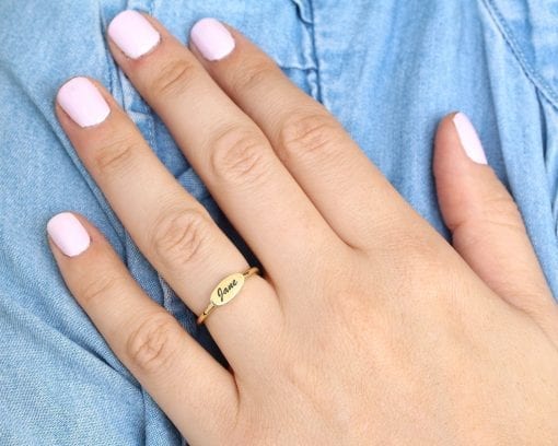 Personalized Gold Name Ring Gold Oval Engraving Ring, Personalized Engraved Signet Stacking Ring Custom Name Jewelry Initials Ring