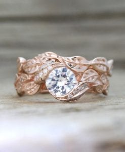 Rose Gold Engagement Ring, Leaf Ring Wedding Set White Sapphire Nature Vine Ring