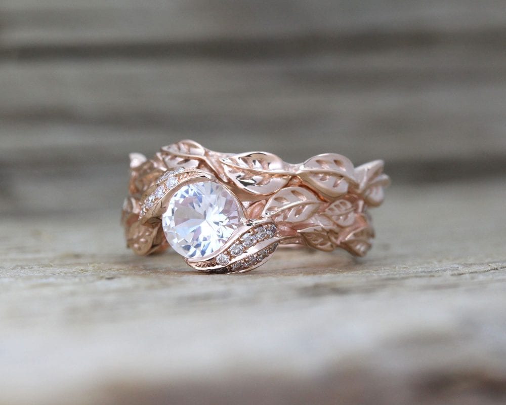 Rose Gold Engagement Ring, Leaf Ring Wedding Set White Sapphire Nature ...