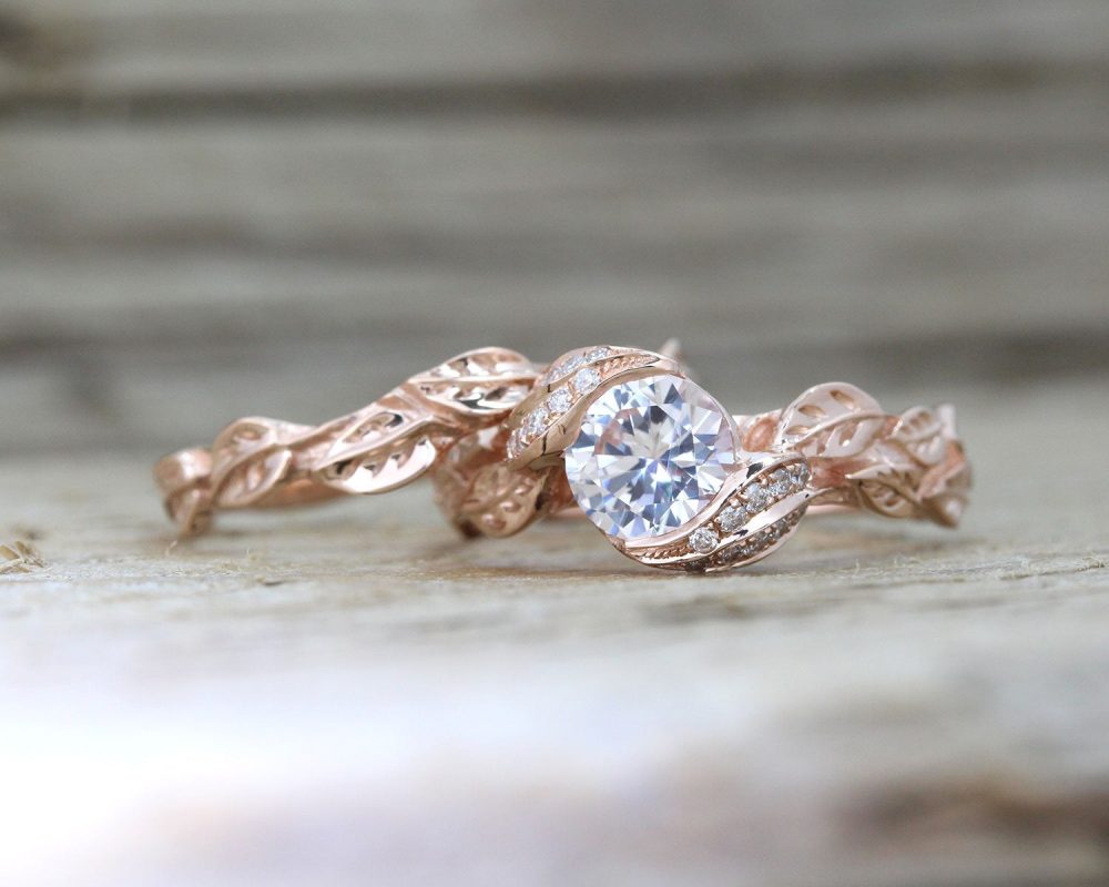 Rose Gold Engagement Ring, Leaf Ring Wedding Set White Sapphire Nature