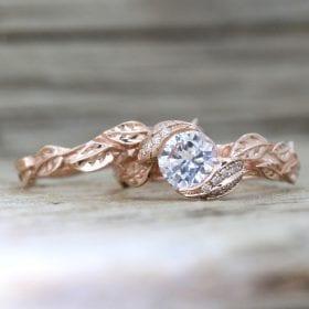 Rose Gold Engagement Ring, Leaf Ring Wedding Set White Sapphire Nature Vine Ring