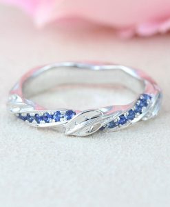 Natural Sapphire Wedding Band With Leaves and Wood, Nature Inspired Mobius Wedding Ring - Image 2