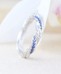 Natural Sapphire Wedding Band With Leaves and Wood, Nature Inspired Mobius Wedding Ring - Image 6
