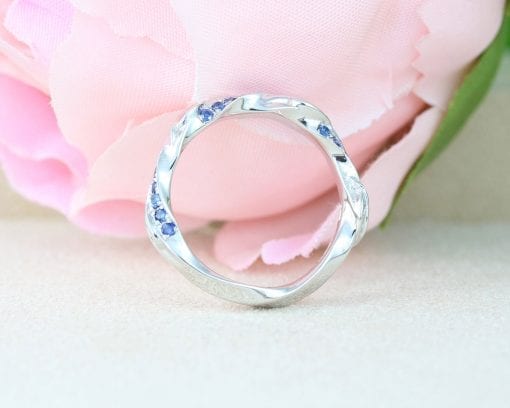 Natural Sapphire Wedding Band With Leaves and Wood, Nature Inspired Mobius Wedding Ring