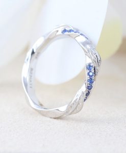 Natural Sapphire Wedding Band With Leaves and Wood, Nature Inspired Mobius Wedding Ring - Image 8
