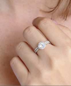 Set Diamond Halo Rainbow Moonstone Engagement Ring, Wedding Ring Set - Image 2