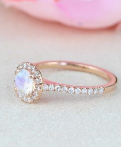 Set Diamond Halo Rainbow Moonstone Engagement Ring, Wedding Ring Set - Image 6