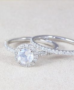 Set Diamond Halo Rainbow Moonstone Engagement Ring, Wedding Ring Set - Image 8