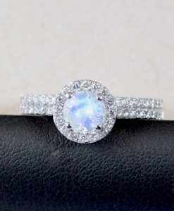 Set Diamond Halo Rainbow Moonstone Engagement Ring, Wedding Ring Set - Image 9