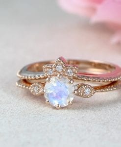 Vintage Moonstone Engagement Ring Set, Round Rainbow Engagement Ring