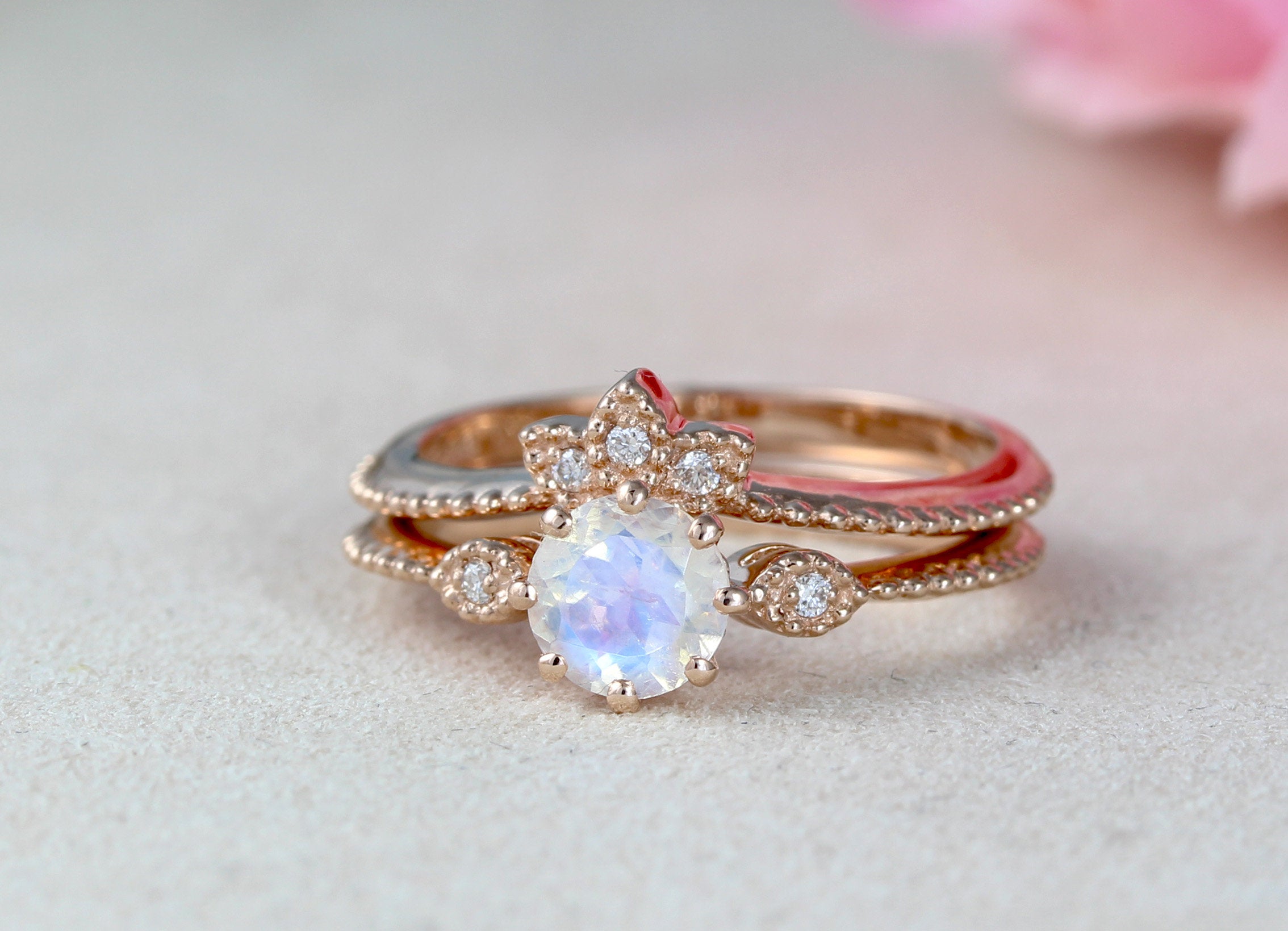 Vintage Moonstone Engagement Ring Set, Round Rainbow Engagement Ring ...