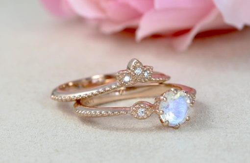 Vintage Moonstone Engagement Ring Set, Round Rainbow Engagement Ring