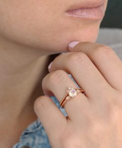 Vintage Moonstone Engagement Ring Set, Round Rainbow Engagement Ring - Image 6