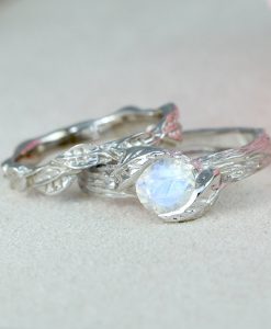 Wedding Ring Set Moonstone Leaf Engagement Ring, Bridal Leaf Ring - Image 2
