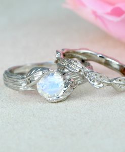 Wedding Ring Set Moonstone Leaf Engagement Ring, Bridal Leaf Ring - Image 3