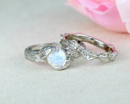 Wedding Ring Set Moonstone Leaf Engagement Ring, Bridal Leaf Ring