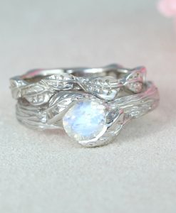 Wedding Ring Set Moonstone Leaf Engagement Ring, Bridal Leaf Ring - Image 4
