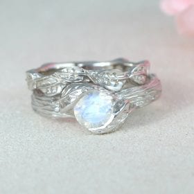 Wedding Ring Set Moonstone Leaf Engagement Ring, Bridal Leaf Ring