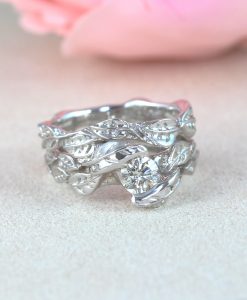 White Gold Nature Bridal Set, Rose Gold Diamond Wedding Set - Image 2