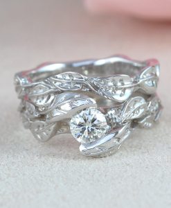 White Gold Nature Bridal Set, Rose Gold Diamond Wedding Set - Image 5