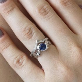 Blue Sapphire Leaf Ring Set, Bridal Set Nature White Gold Leaf Engagement Ring