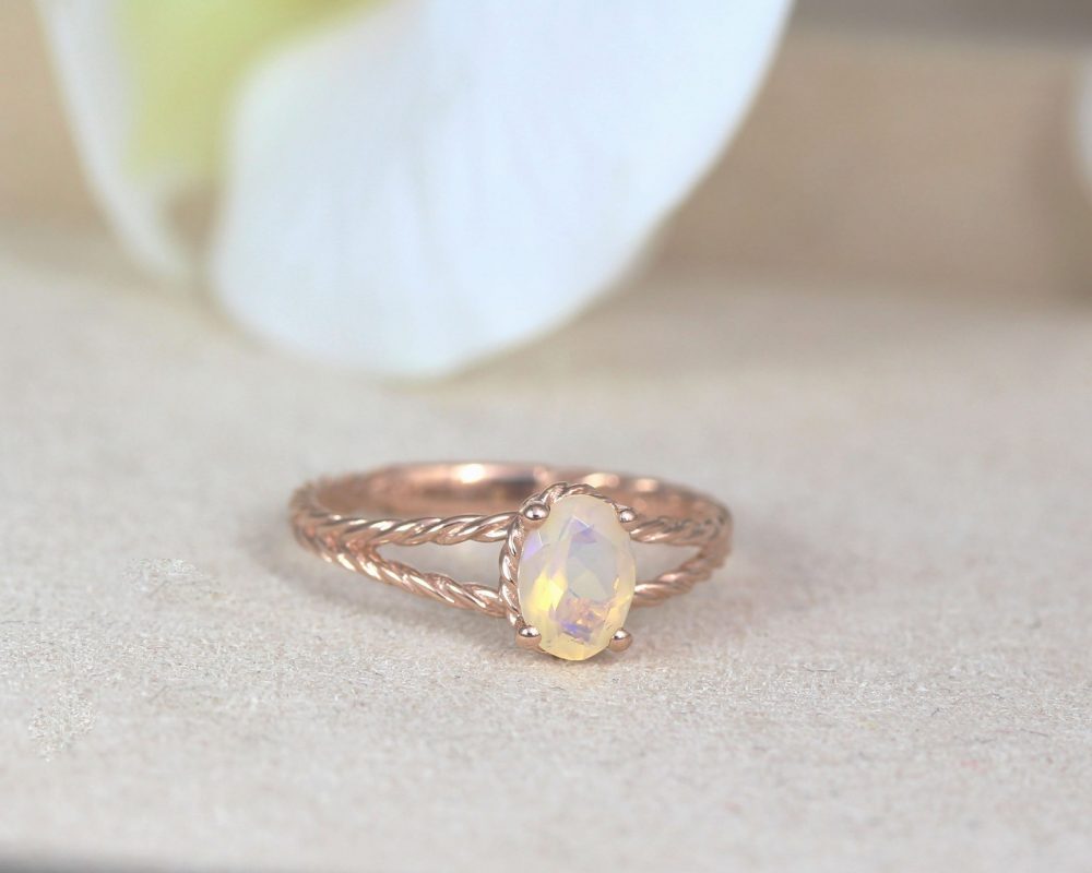 Unique Natural Opal Engagement Ring, Rose Gold Oval Opal Braided Rope Engagement Ring Benati