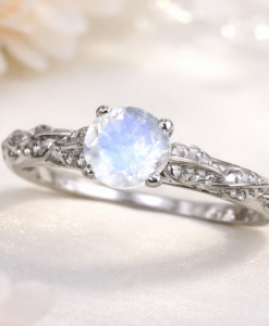 Moonstone engagement ring in sterling silver with delicate leaf vine band, round rainbow moonstone with soft blue glow, nature inspired handmade ring, boho vintage wedding ring, minimalist romantic jewelry