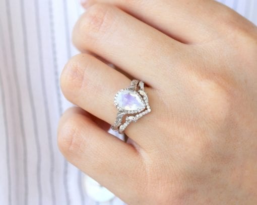 Moonstone Wedding Ring Set, Pear Moonstone Engagement Ring