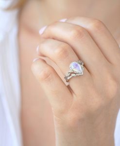Moonstone Wedding Ring Set, Pear Moonstone Engagement Ring - Image 2