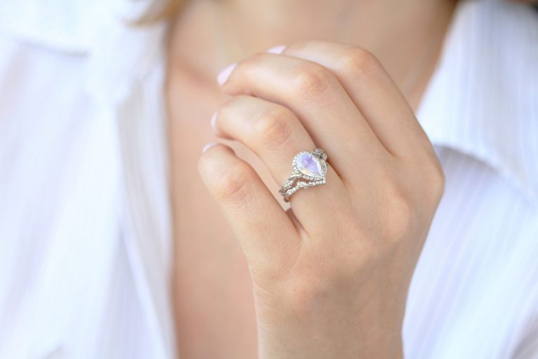 Moonstone Wedding Ring Set, Pear Moonstone Engagement Ring Benati