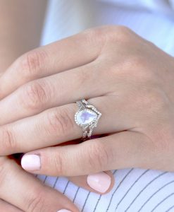 Moonstone Wedding Ring Set, Pear Moonstone Engagement Ring - Image 3