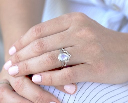 Moonstone Wedding Ring Set, Pear Moonstone Engagement Ring