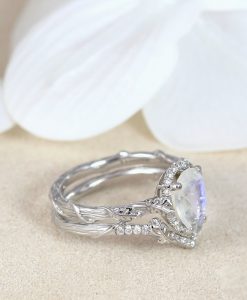 Moonstone Wedding Ring Set, Pear Moonstone Engagement Ring - Image 5