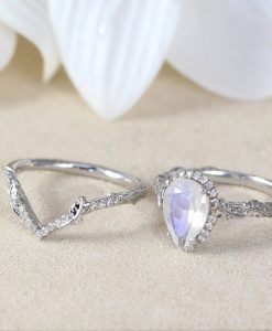 Moonstone Wedding Ring Set, Pear Moonstone Engagement Ring - Image 6