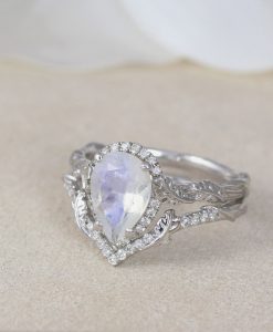 Moonstone Wedding Ring Set, Pear Moonstone Engagement Ring - Image 7