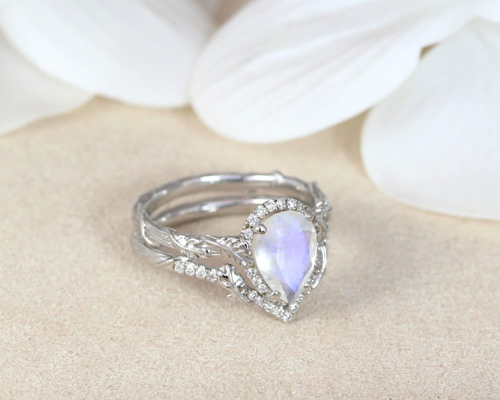 Moonstone Wedding Ring Set, Pear Moonstone Engagement Ring Benati