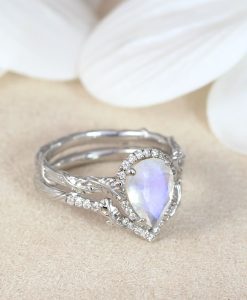 Moonstone Wedding Ring Set, Pear Moonstone Engagement Ring - Image 8