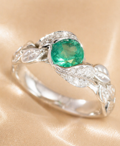 Natural Emerald Leaf Engagement Ring, Emerald Engagement Ring - Image 5