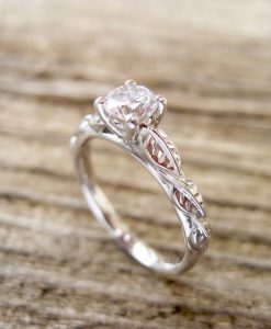 White Sapphire Leaf Engagement Ring, 0.50 CT Unique Solid Gold Engagement Ring - Image 2