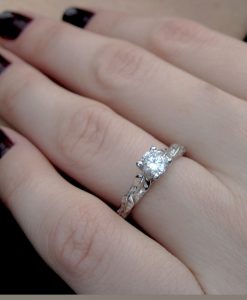 White Sapphire Leaf Engagement Ring, 0.50 CT Unique Solid Gold Engagement Ring - Image 4